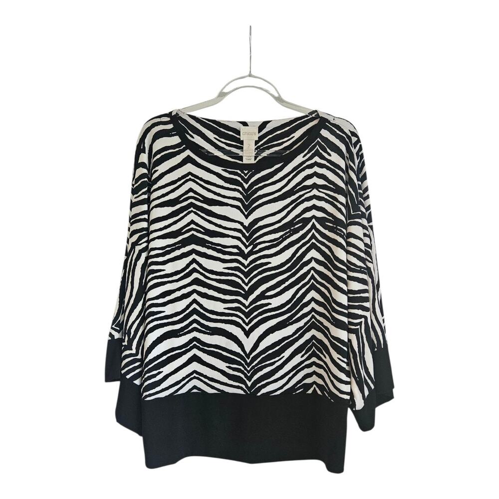 Chico's Women's Knit Classic Zebra Top Blouse Size 2/LG Flowing Sleeves B/W